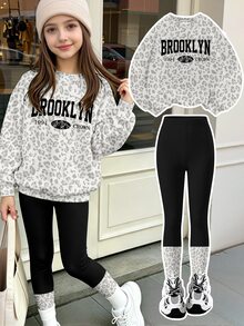 女童清新時尚 Brooklyn 灰色豹紋印花高級感基本款圓領衛衣與內搭褲套裝 - 彩色 - 查看 3