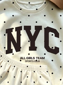 Tween女孩1套秋季NYC波點印花圓領衛衣與短褲套裝，休閒字母圖案穿搭，秋冬款 - 彩色 - 查看 6