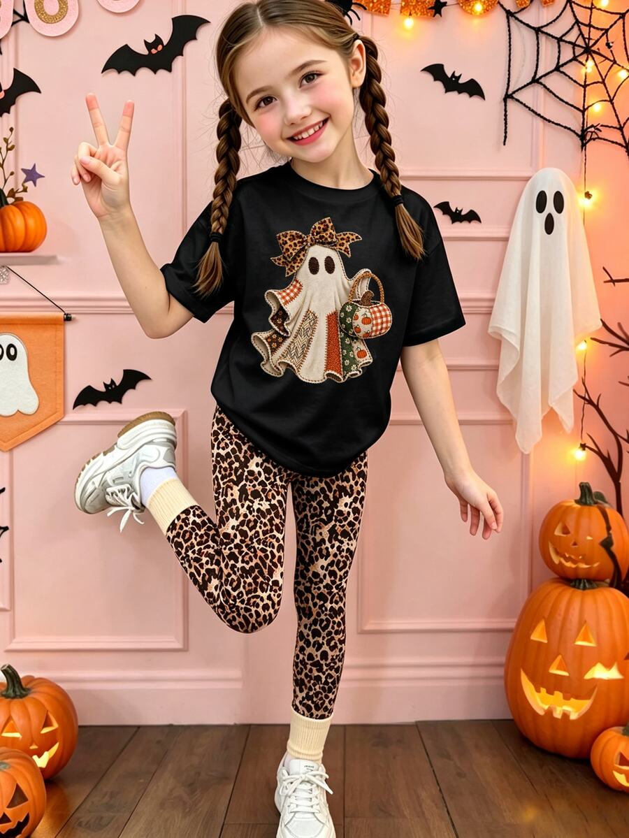 Elladie kids 萬聖節女童幼兒清新時尚可愛格紋拼接豹紋幽靈與小惡魔圖案基本款短袖T恤與豹紋內搭褲套裝 - 彩色 - 查看 1