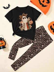 Elladie kids 萬聖節女童幼兒清新時尚可愛格紋拼接豹紋幽靈與小惡魔圖案基本款短袖T恤與豹紋內搭褲套裝 - 彩色 - 查看 4