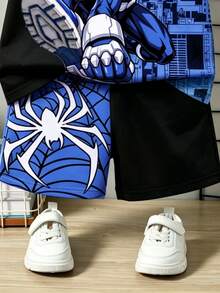Young Boy Casual Comfortable Stylish Cool Cartoon Pattern Short Sleeve Shorts Set, Spider Cartoon Print Black And Blue Contrast Color Cool Style Black And White Contrast Color - Multicolor - View 6