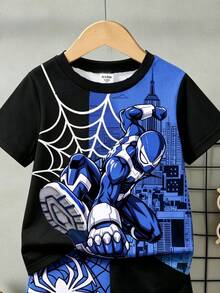 Young Boy Casual Comfortable Stylish Cool Cartoon Pattern Short Sleeve Shorts Set, Spider Cartoon Print Black And Blue Contrast Color Cool Style Black And White Contrast Color - Multicolor - View 3