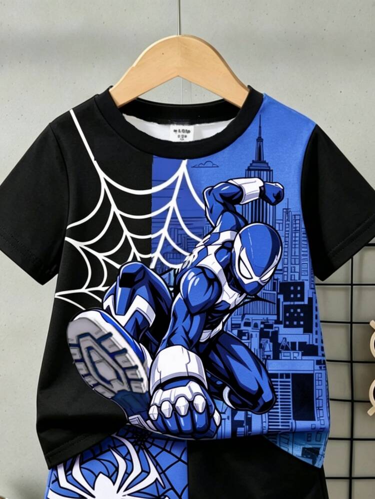 Young Boy Casual Comfortable Stylish Cool Cartoon Pattern Short Sleeve Shorts Set, Spider Cartoon Print Black And Blue Contrast Color Cool Style Black And White Contrast Color - Multicolor - View 3