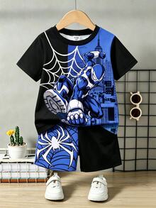 Young Boy Casual Comfortable Stylish Cool Cartoon Pattern Short Sleeve Shorts Set, Spider Cartoon Print Black And Blue Contrast Color Cool Style Black And White Contrast Color - Multicolor - View 2