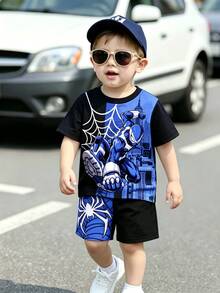 Young Boy Casual Comfortable Stylish Cool Cartoon Pattern Short Sleeve Shorts Set, Spider Cartoon Print Black And Blue Contrast Color Cool Style Black And White Contrast Color - Multicolor - View 5