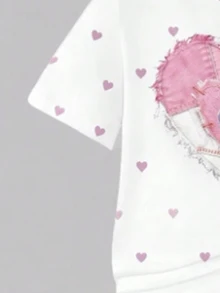 SHEIN 青少年女孩 2件套休閒春夏秋 T恤喇叭褲套裝，蝴蝶結豹紋圖案，短袖，校園風粉色與白色紫色 - 彩色 - 查看 4