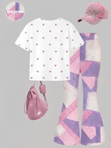 SHEIN 青少年女孩 2件套休閒春夏秋 T恤喇叭褲套裝，蝴蝶結豹紋圖案，短袖，校園風粉色與白色紫色 - 彩色 - 查看 2