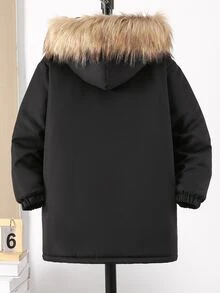 SHEIN 大童男孩冬季保暖休閒西式保暖內裡拉鍊拼接毛茸茸連帽填充外套 黑色 - 黑色 - 查看 2