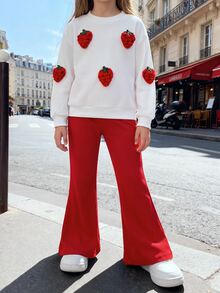 Elladie kids YOUNG GIRLS Spring Fall Cute 3D Strawberry Applique Long Sleeve Sweatshirt & Red Ribbed Flare Pants 2Pcs Casual Outfit Set Fall Clothes - Red - View 8
