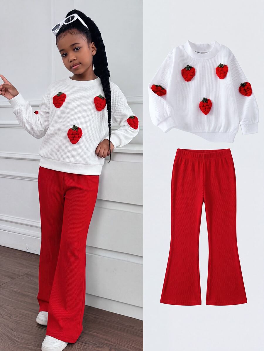 Elladie kids YOUNG GIRLS Spring Fall Cute 3D Strawberry Applique Long Sleeve Sweatshirt & Red Ribbed Flare Pants 2Pcs Casual Outfit Set Fall Clothes - Red - View 1