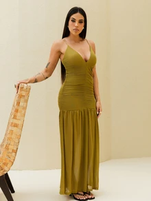 Maju Mazalli Ruched Front Drop Hem Dress Vacation Spring Summer Occasion Wedding Deep V Cute Elegant Beach Holiday Ibiza Night Out Guest Birthday Outfit - Olive Green - View 5
