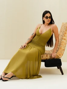 Maju Mazalli Ruched Front Drop Hem Dress Vacation Spring Summer Occasion Wedding Deep V Cute Elegant Beach Holiday Ibiza Night Out Guest Birthday Outfit - Olive Green - View 1