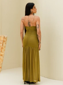Maju Mazalli Ruched Front Drop Hem Dress Vacation Spring Summer Occasion Wedding Deep V Cute Elegant Beach Holiday Ibiza Night Out Guest Birthday Outfit - Olive Green - View 2