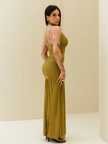 Maju Mazalli Ruched Front Drop Hem Dress Vacation Spring Summer Occasion Wedding Deep V Cute Elegant Beach Holiday Ibiza Night Out Guest Birthday Outfit - Olive Green - View 6
