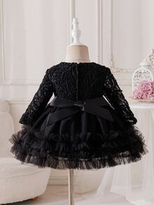 Glamorique Kids 女嬰長袖網紗刺繡薄紗洋裝，黑色，生日晚宴正式花童洗禮禮服，優雅婚禮穿搭 - 黑色 - 查看 3
