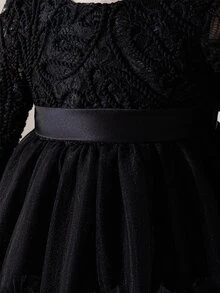 Glamorique Kids 女嬰長袖網紗刺繡薄紗洋裝，黑色，生日晚宴正式花童洗禮禮服，優雅婚禮穿搭 - 黑色 - 查看 7