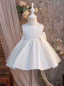 Glamorique Kids 女嬰白色緞面無袖洋裝，高端正式禮服，適用生日、花童、民事婚禮、宴會派對，夏季優雅，秋冬款 - 米色 - 查看 6