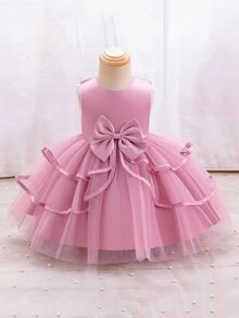 SHEIN Glamorique Kids 優雅灰粉色夏季花童洋裝，適合嬰兒女童，適用於生日、晚宴、表演、婚禮、滿月洗禮 - 粉色 - 查看 1