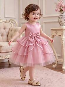 SHEIN Glamorique Kids 優雅灰粉色夏季花童洋裝，適合嬰兒女童，適用於生日、晚宴、表演、婚禮、滿月洗禮 - 粉色 - 查看 3