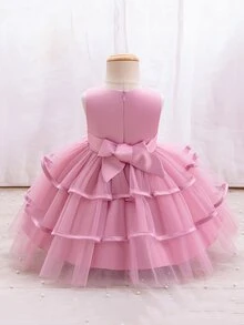 SHEIN Glamorique Kids 優雅灰粉色夏季花童洋裝，適合嬰兒女童，適用於生日、晚宴、表演、婚禮、滿月洗禮 - 粉色 - 查看 4