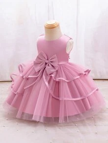 SHEIN Glamorique Kids 優雅灰粉色夏季花童洋裝，適合嬰兒女童，適用於生日、晚宴、表演、婚禮、滿月洗禮 - 粉色 - 查看 5