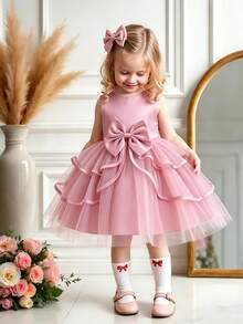 SHEIN Glamorique Kids 優雅灰粉色夏季花童洋裝，適合嬰兒女童，適用於生日、晚宴、表演、婚禮、滿月洗禮 - 粉色 - 查看 2