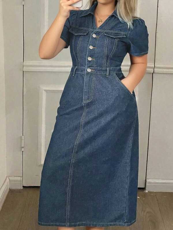 Dazy Plus Dark Wash Blue Short Sleeve Fitted Long Denim Dress, Summer Denim Apparel Sundress Maxi Dress