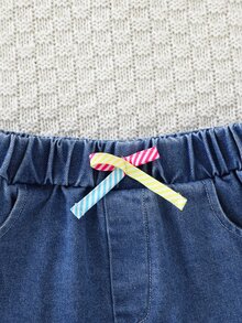 SHEIN Explorewe 女童 3 件組復古嬰兒秋季休閒套裝，粉色襯衫外套、短版細肩帶背心、牛仔短褲，女童校服開襟衫，7 歲生日 - 彩色 - 查看 6