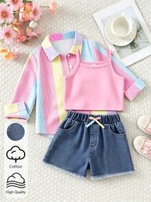 SHEIN Explorewe 女童 3 件組復古嬰兒秋季休閒套裝，粉色襯衫外套、短版細肩帶背心、牛仔短褲，女童校服開襟衫，7 歲生日 - 彩色 - 查看 5