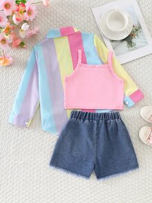 SHEIN Explorewe 女童 3 件組復古嬰兒秋季休閒套裝，粉色襯衫外套、短版細肩帶背心、牛仔短褲，女童校服開襟衫，7 歲生日 - 彩色 - 查看 2