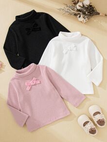 Souflis Souflis Baju Bayi Perempuan Lengan Panjang Kerah Tinggi, Kaos Rajut Bergaris dengan Hiasan Pita, Kaos Dalam Dasar Warna Polos Lembut, Paket 3 Buah, Atasan Kasual Musim Gugur untuk Anak-Anak - MultiWarna - View 4