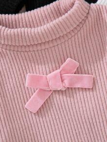 Souflis Souflis Baju Bayi Perempuan Lengan Panjang Kerah Tinggi, Kaos Rajut Bergaris dengan Hiasan Pita, Kaos Dalam Dasar Warna Polos Lembut, Paket 3 Buah, Atasan Kasual Musim Gugur untuk Anak-Anak - MultiWarna - View 6