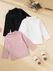 Souflis Souflis Baju Bayi Perempuan Lengan Panjang Kerah Tinggi, Kaos Rajut Bergaris dengan Hiasan Pita, Kaos Dalam Dasar Warna Polos Lembut, Paket 3 Buah, Atasan Kasual Musim Gugur untuk Anak-Anak - MultiWarna - View 2