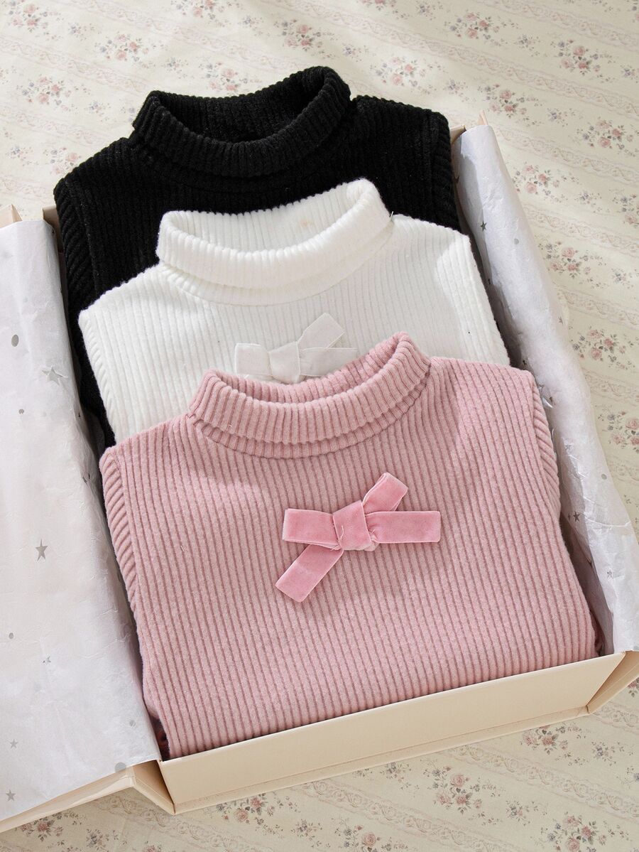 Souflis Souflis Baju Bayi Perempuan Lengan Panjang Kerah Tinggi, Kaos Rajut Bergaris dengan Hiasan Pita, Kaos Dalam Dasar Warna Polos Lembut, Paket 3 Buah, Atasan Kasual Musim Gugur untuk Anak-Anak - MultiWarna - View 1