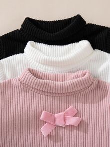 Souflis Souflis Baju Bayi Perempuan Lengan Panjang Kerah Tinggi, Kaos Rajut Bergaris dengan Hiasan Pita, Kaos Dalam Dasar Warna Polos Lembut, Paket 3 Buah, Atasan Kasual Musim Gugur untuk Anak-Anak - MultiWarna - View 5