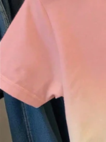 Teen Girl Sweet Style Pink & White Gradient Tulip Print Crew Neck Short Sleeve T-Shirt, Casual Versatile For Spring, Summer, Autumn, Suitable For Outings, Streetwear, Daily Wear, Comfortable Fitted Short Length For Girl And Girls - Pink - View 6