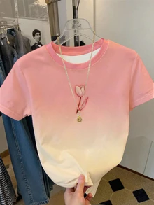 Teen Girl Sweet Style Pink & White Gradient Tulip Print Crew Neck Short Sleeve T-Shirt, Casual Versatile For Spring, Summer, Autumn, Suitable For Outings, Streetwear, Daily Wear, Comfortable Fitted Short Length For Girl And Girls - Pink - View 1