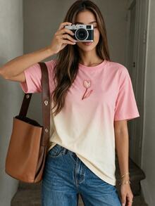 Teen Girl Sweet Style Pink & White Gradient Tulip Print Crew Neck Short Sleeve T-Shirt, Casual Versatile For Spring, Summer, Autumn, Suitable For Outings, Streetwear, Daily Wear, Comfortable Fitted Short Length For Girl And Girls - Pink - View 3