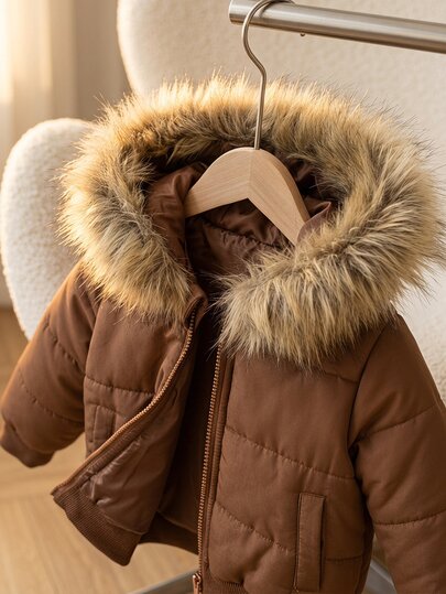 SHEIN Vintaside Kids 1件秋冬男嬰焦糖色絎縫2000#棉布壓線設計淺米色人造毛大領連帽長袖棉外套，前拉鍊開合，兩側口袋，羅紋袖口，簡約百搭保暖設計，適合秋冬男嬰戶外活動、購物、拍照及日常穿著