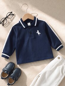 SHEIN 幼兒男童秋冬拼接撞色休閒學院風獨角馬印花長袖 Polo 運動衫 - 寶藍色 - 查看 8