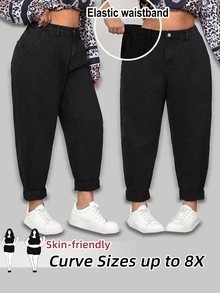 SHEIN CURVE+ Plus Size Casual Minimalist Solid Color Tapered Jeans - Black - View 8