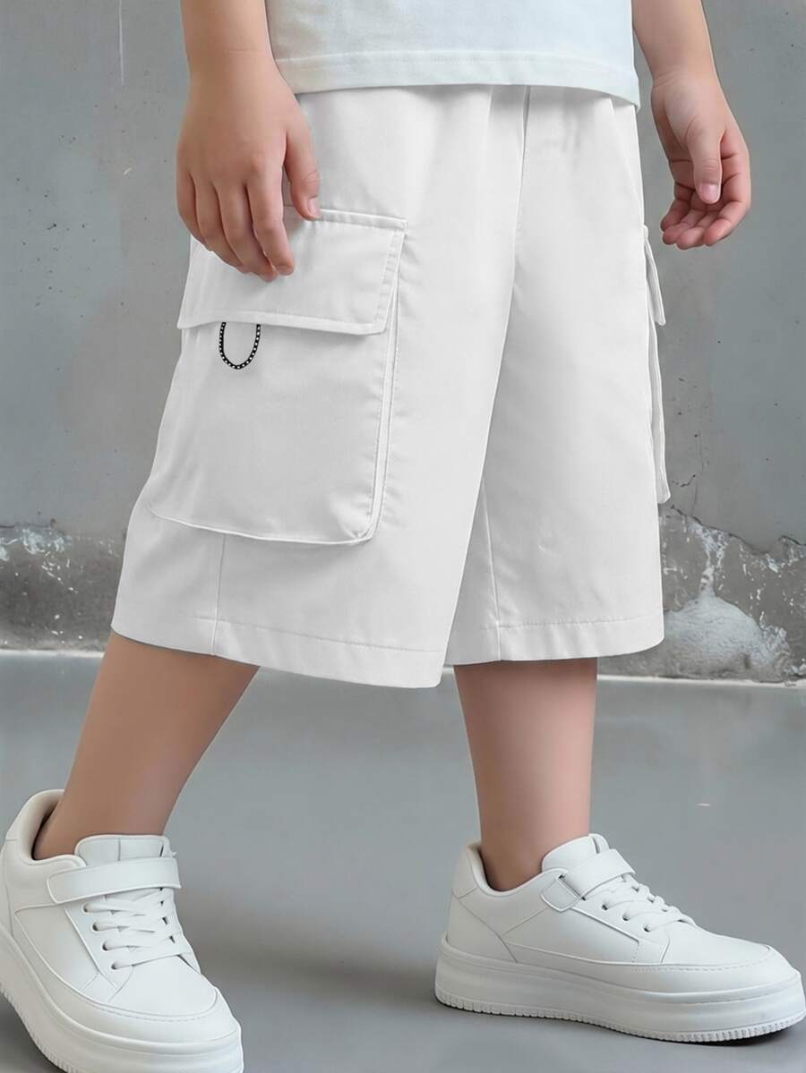 SHEIN 青少年男童休闲日常舒适贴袋宽松纯色梭织短裤 - 白色 - 查看 1