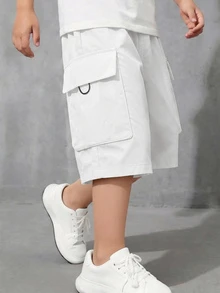 SHEIN 青少年男童休闲日常舒适贴袋宽松纯色梭织短裤 - 白色 - 查看 3