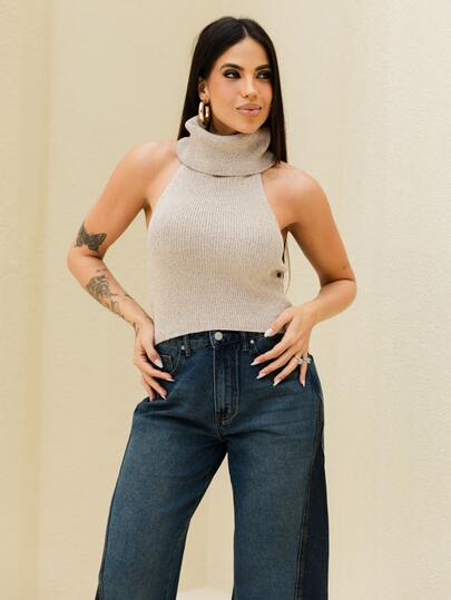 Maju Mazalli Women's Old Money Style Elegant High Neck Backless Sleeveless Knit Top, Spring Women, Spring Breaks , Casual For Women Going Out Top