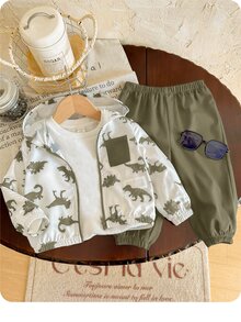 Bubblio Baby Boy Spring Summer Autumn Cartoon Dinosaur Pattern Black & White Contrast Color Hooded Thin Jacket Solid Color Suitable For Outdoor Travel Outings - Multicolor - View 7