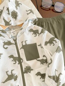 Bubblio Baby Boy Spring Summer Autumn Cartoon Dinosaur Pattern Black & White Contrast Color Hooded Thin Jacket Solid Color Suitable For Outdoor Travel Outings - Multicolor - View 3