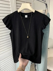 SHEIN 兒童青少年女童夏季 95% 棉圓領短袖寬鬆 T 恤，附荷葉邊袖口與花卉圖案設計，可愛短袖上衣，適合外出、返校、春夏、復古、懷舊、柔軟、乾淨、海灘度假、假期、春假氛圍 - 黑色 - 查看 2