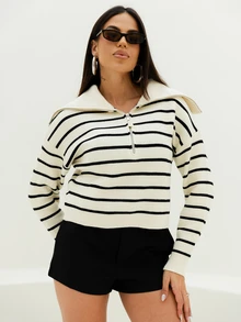 Maju Mazalli Casual Striped Long Sleeve Pullover Top Fall - Black and White - View 5