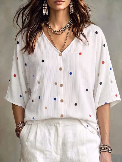 SHEIN LUNE CURVE Plus Size Women Polka Dot V-Neck Loose Casual Shirt Fall