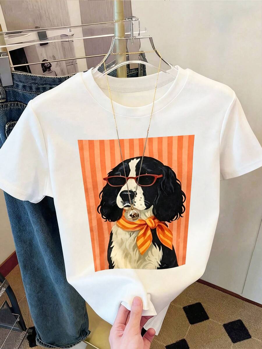 DrmWander Plus Size Women's Cartoon Print Casual Daily Wear T-Shirt - White - View 1